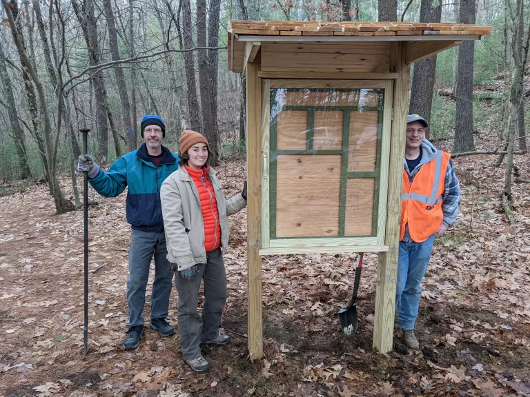 Installing the Horseshoe Pond Kiosk. Photo by SVT Staff.