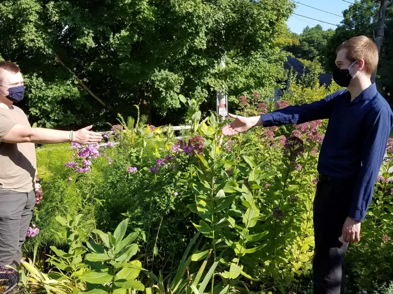 Matt Morris (left) and Jonathan Haarstick met at Wolbach Farm during a time of social distancing.
