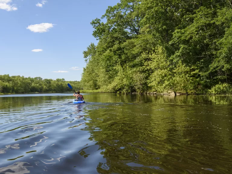 Kayaker on Sudbury River at Greenways. Photo by Dany Pelletier.
