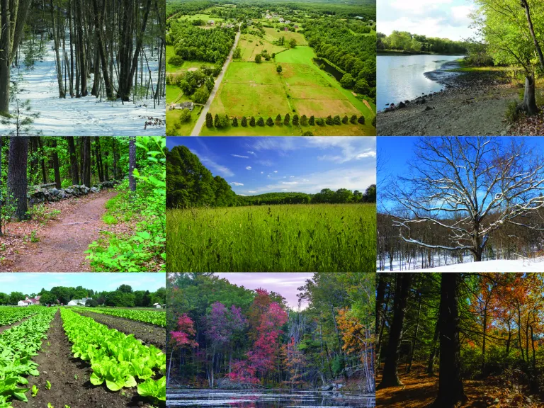 Collage of 9 landscape photos depicting protected natural areas in Sudbury, Assabet, and Concord: winter forest path, river shoreline, grassy field, fall foliage by a lake, and farm vegetable rows.