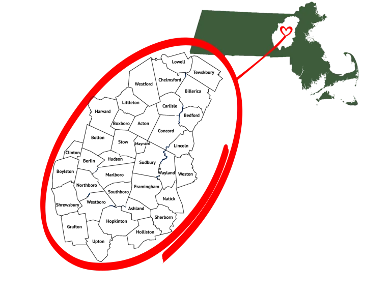 picture of the state of Massachusetts with SVT's 36-community region called out in a circle