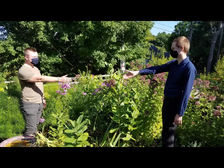 Matt Morris (left) and Jonathan Haarstick met at Wolbach Farm during a time of social distancing.