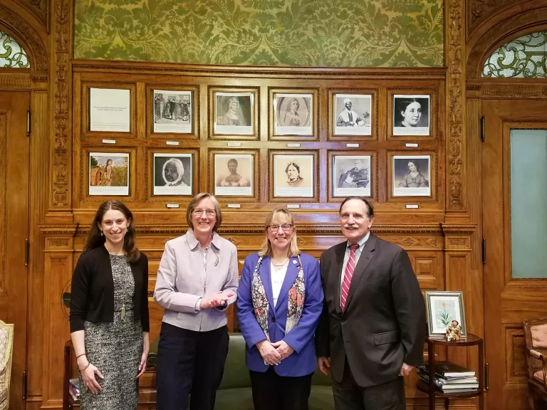 (L to R) Emily Myron, Lisa Vernegaard, Senate President Spilka, and Buzz Constable. Photo by Doug Howgate.