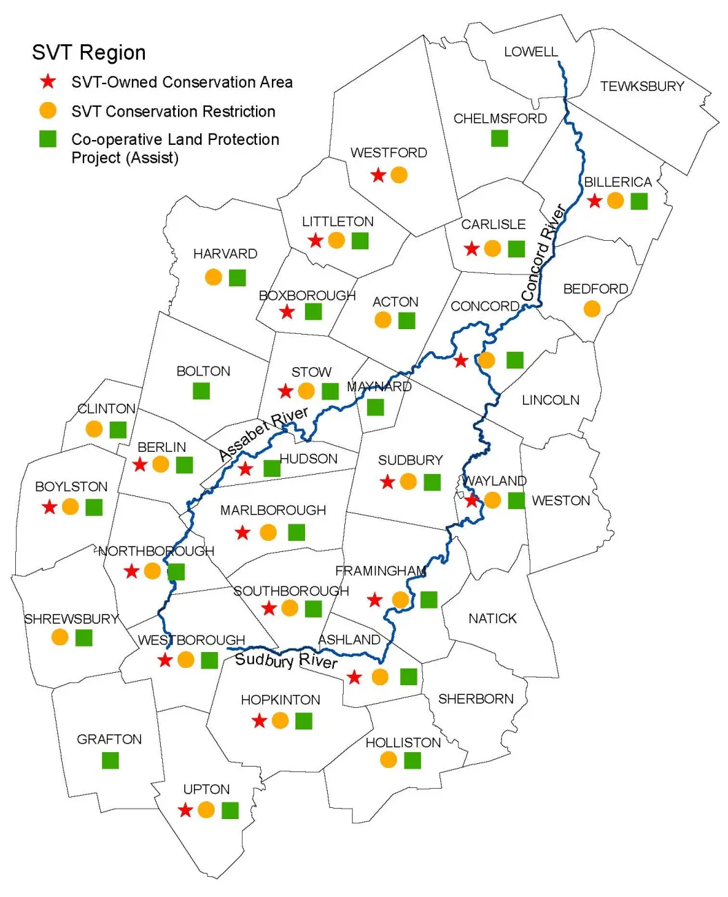 SVT Region with symbols representing SVT-owned conservation areas, SVT-held conservation restrictions, and projects where SVT has provided assistance.